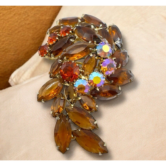 Vintage Brooch Amber Tones Navette AB Rhinestone Pin Layered Leaf Designer Made